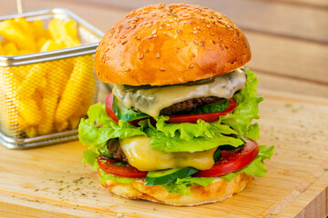 Double beef cheeseburger with fries basket