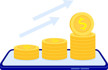 Stack of coins on smart phone. Business and money saving and technology concept. Online shopping, illustration.