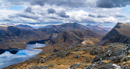 View of the Fisherfield Mountains and Fionn Loch causeway in NW Scotland