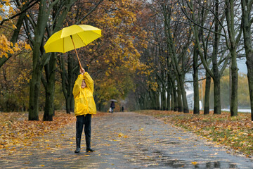 Little child is raising up his yellow umbrella in rainy autumn park. Boy on rainy street with falling leaves