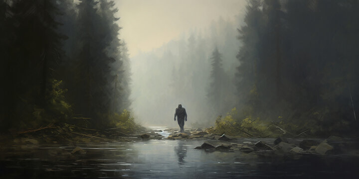 Bigfoot crossing a creek river in a North American forest wilderness. Oil painting art. Generative AI illustration