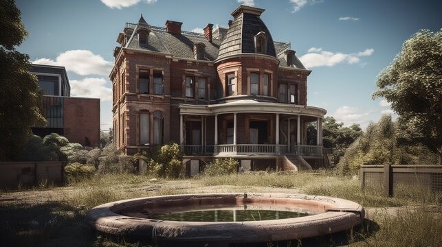 Abandoned and dilapidated mansion in a suburban neighborhood.