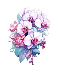 Bouquet of beautiful orchid flowers on white background in watercolor style. Generative AI.