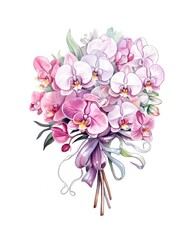 Bouquet of beautiful orchid flowers on white background in watercolor style. Generative AI.
