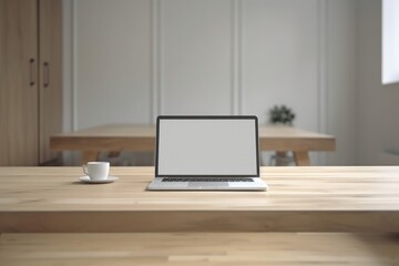 Laptop on wooden table, business concept, digital illustration. Generative AI