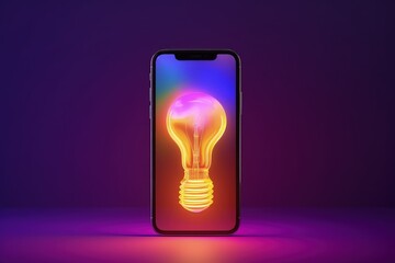 Cell phone illustration with light bulb on screen, technology and creativity concept, gradient background. Generative AI