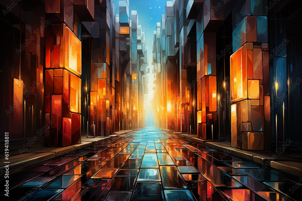 Fototapete In this artwork, the Burj Khalifa is depicted in an abstract cubist style. The image deconstructs the structure into fragmented planes and angles Generative AI technology.