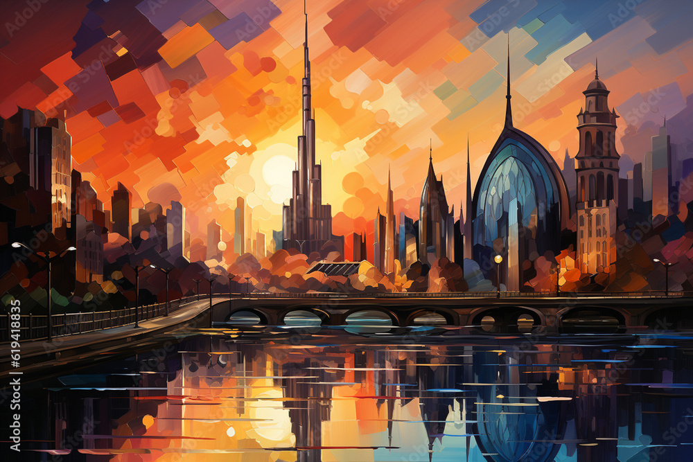 Poster In this artwork, the Burj Khalifa is depicted in an abstract cubist style. The image deconstructs the structure into fragmented planes and angles Generative AI technology.
