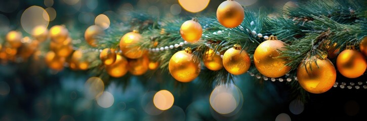 Fototapeta na wymiar Balls hanging on pine branches, christmas decoration, bokeh background. Generative AI