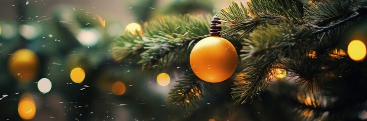 Balls hanging on pine branches, christmas decoration, bokeh background. Generative AI