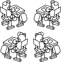 挙手をするわんまるとにゃんまるの線画セット　犬　猫