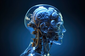 Fototapeta na wymiar Cyborg, AI and technology concept, robot on dark blue background. Generative AI