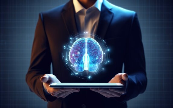 Businessman holding tablet, brain projection, technology and AI concept. Generative AI