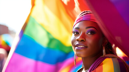 LGBT African-American Woman with LGBT Flag behind her