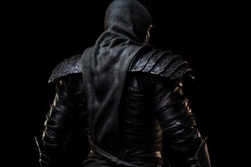 Dark ninja from the back, black background. Generative AI