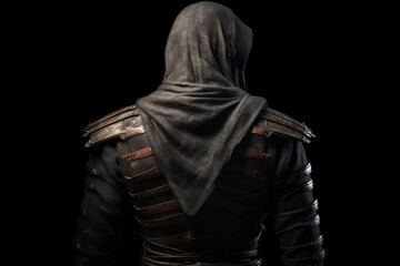 Dark ninja from the back, black background. Generative AI