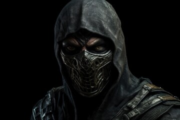 Gloomy ninja with mask, black background. Generative AI