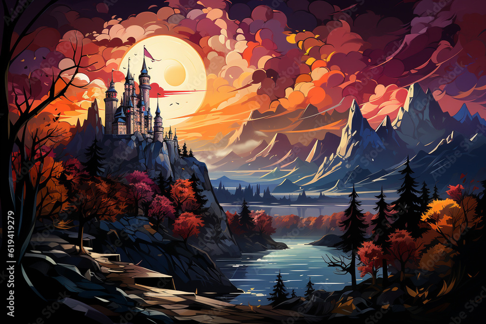 Aufkleber In this abstract depiction, Neuschwanstein Castle is transformed into a series of abstract forms and patterns.  Generative AI technology.