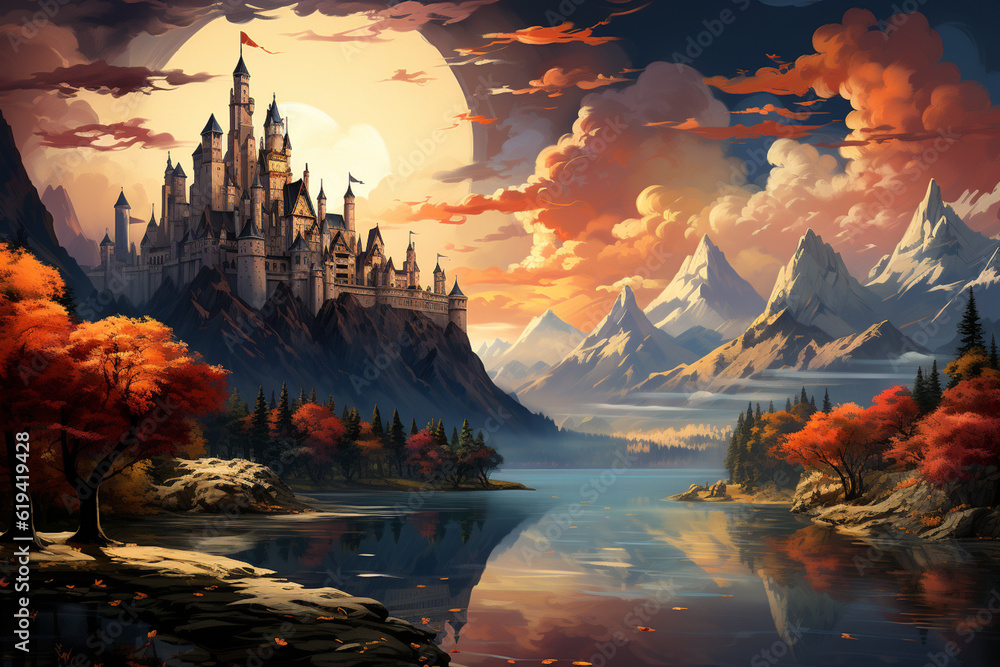 Poster This abstract representation of Neuschwanstein Castle incorporates elements of surrealism. The image combines realistic architectural features with dreamlike, Generative AI technology.
