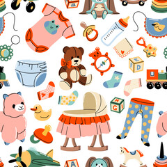 Baby supplies seamless pattern. Cartoon nursery accessories, repeated kids objects, toys and diapers, sliders and cradle. Kids clothes decor textile, wrapping paper, tidy vector background