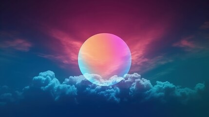 Landscape with sunset and gradient circle, digital illustration. Generative AI