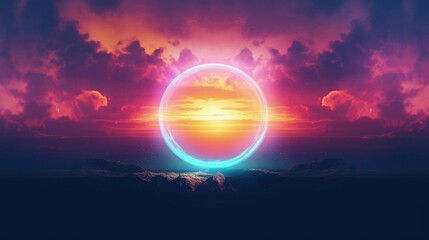 Landscape with sunset and gradient circle, digital illustration. Generative AI