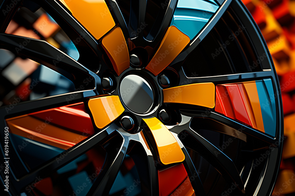 Poster A vibrant and dynamic digital illustration of a car wheel in abstract geometric shapes.  Generative AI technology.