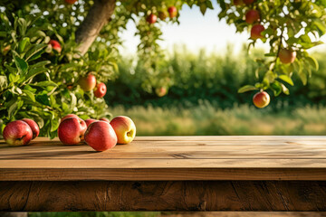 Frisch geerntete Äpfel auf einem Tisch mit Freiraum für eine Produktpräsentation, im Hintergrund unscharf eine Apfelplantage - 619419681