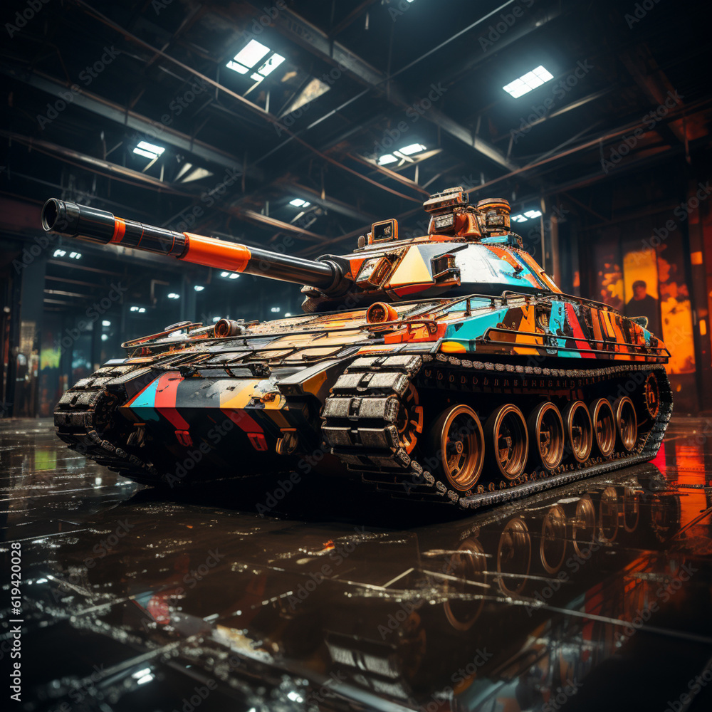 Poster A digital artwork featuring an abstract geometric representation of a tank. The image showcases sharp angles and bold lines, Generative AI technology.