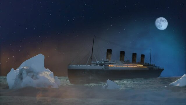 the Titanic ship sails on the ocean historical reconstruction 3d render