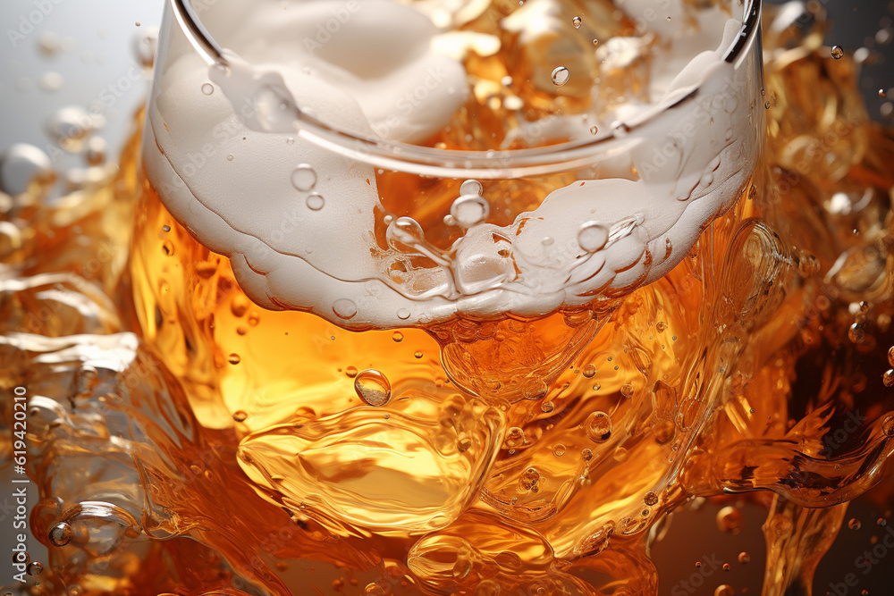 Poster The image captures the frothy and bubbly nature of beer foam, using overlapping geometric shapes and gradients to convey its light and airy characteristics. Generative AI technology.