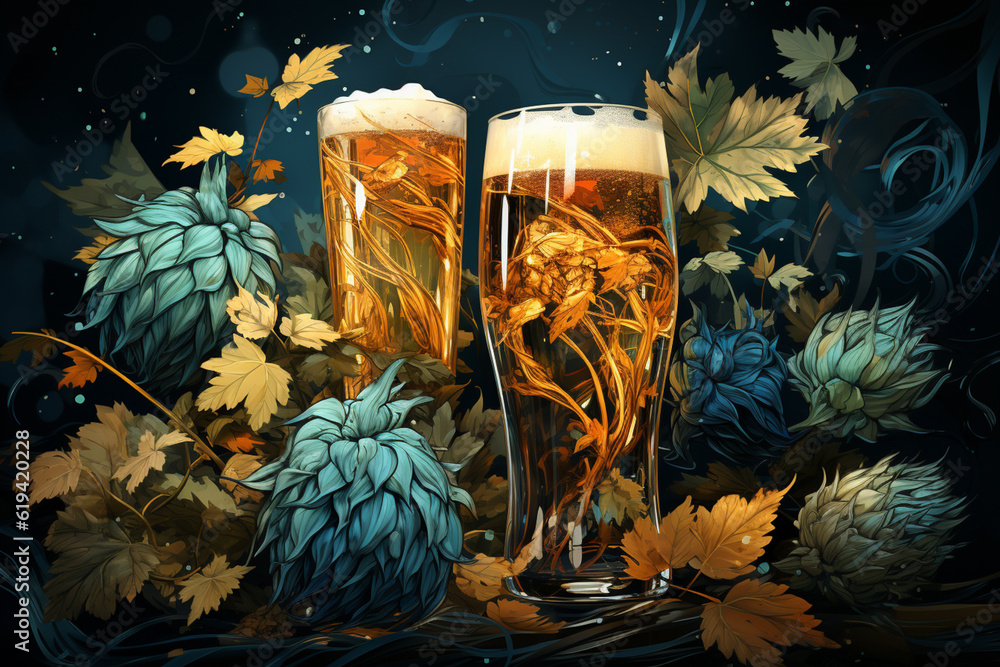 Poster  The image showcases the intricate patterns and textures of hops, with overlapping geometric forms representing the layers. Generative AI technology.