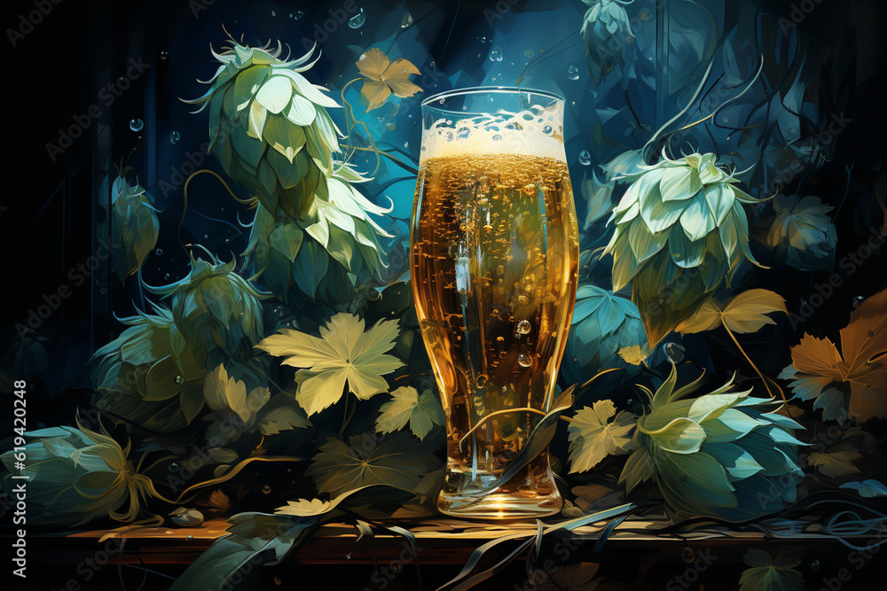 Poster  The image showcases the intricate patterns and textures of hops, with overlapping geometric forms representing the layers. Generative AI technology.