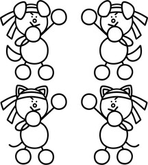 エールを送るわんまるとにゃんまるの線画セット　犬　猫