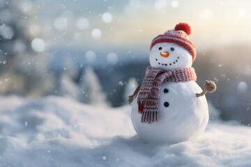 Obraz premium Snowman in hat and scarf, christmas concept, bokeh background. Generative AI
