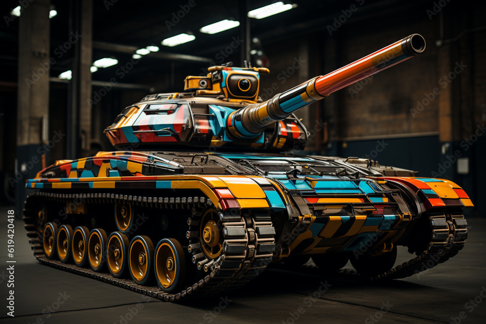 Poster  The image showcases sharp angles and bold lines, creating a dynamic and modern interpretation of military machinery.  Generative AI technology.