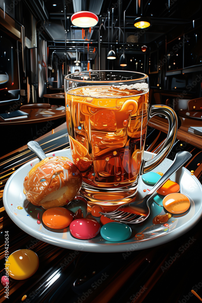 Poster An abstract painting inspired by a beer cup, employing geometric shapes and patterns to convey a sense of depth and dimension. Generative AI technology.
