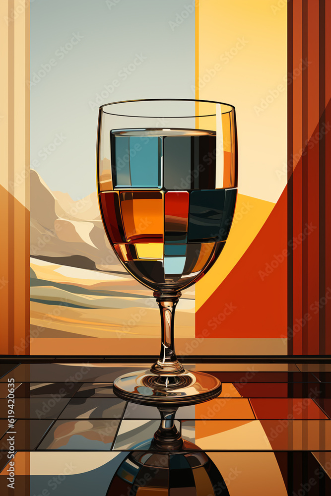 Poster a digital illustration of a beer cup transformed into an abstract geometric sculpture. the image sho