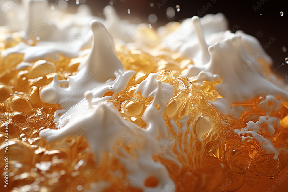 Poster  The image captures the frothy and bubbly nature of beer foam, using overlapping geometric shapes and gradients to convey its light and airy characteristics. Generative AI technology.