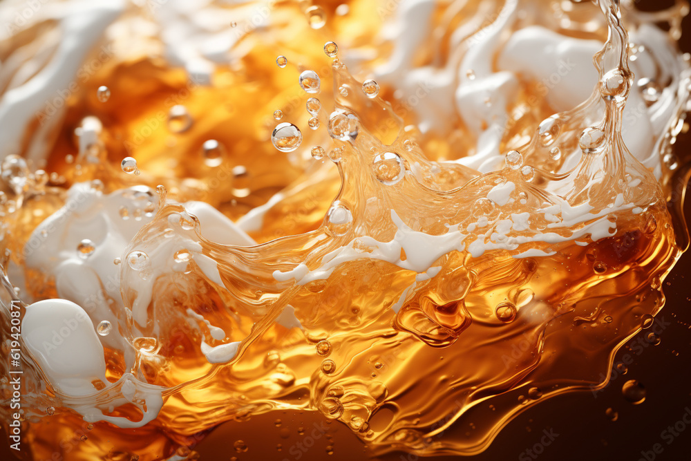 Poster  The image captures the frothy and bubbly nature of beer foam, using overlapping geometric shapes and gradients to convey its light and airy characteristics. Generative AI technology.