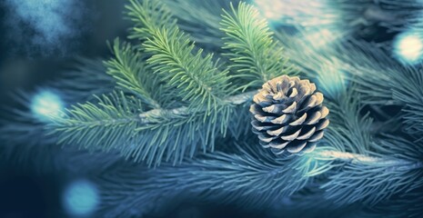 Christmas background with pine cones and pine branches, bokeh background. Generative AI