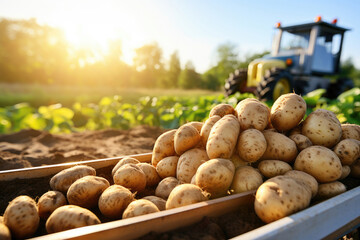 Geerntete Kartoffeln in einer Kiste mit Freiraum für eine Produktpräsentation, im Hintergrund unscharf ein Kartoffelfeld mit Traktor. - 619421094