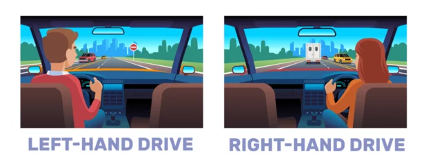 Rolgordijnen Differences between right handed and left handed driving. Man and woman riding on road, automobile interior, character back view. Driver in car cartoon flat style isolated vector concept © YummyBuum