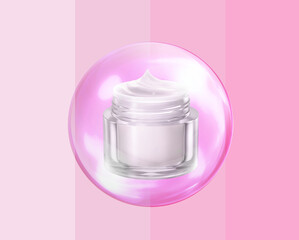 Cosmetic container cream and giant soap bubbles in 3D illustration
