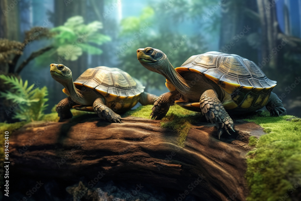 Aufkleber A pair of turtles basking on a log in a terrarium, representing the calm and low-maintenance nature of keeping turtles as pets.  Generative AI technology.