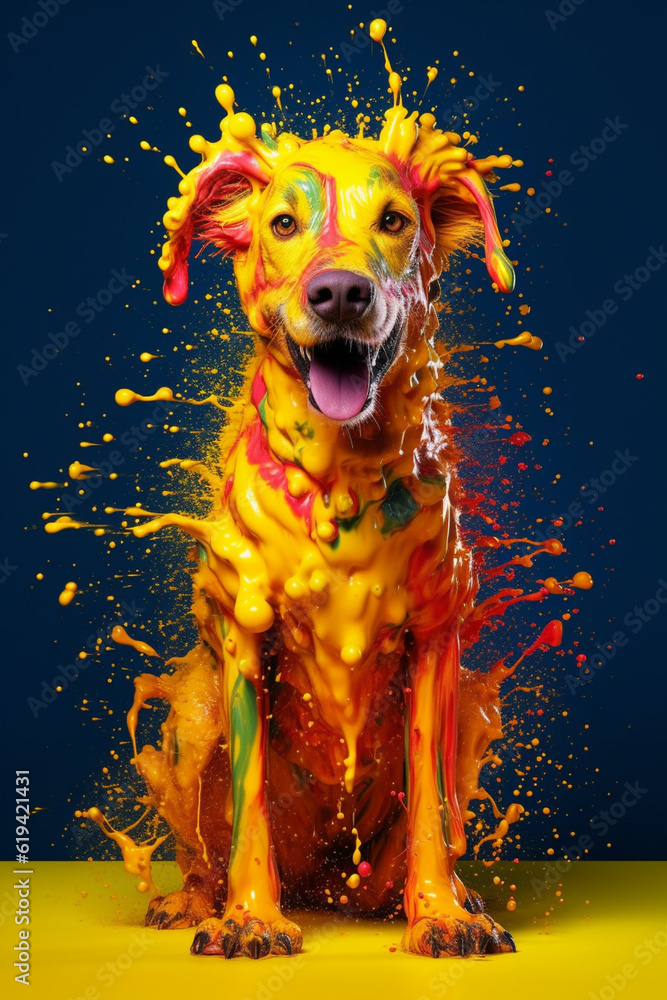 Poster an abstract surreal photograph of a dog splashed in bright paint, contemporary colors and mood socia