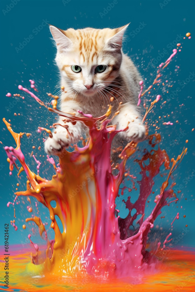 Poster an abstract surreal photograph of a cat splashed in bright paint, contemporary colors and mood socia