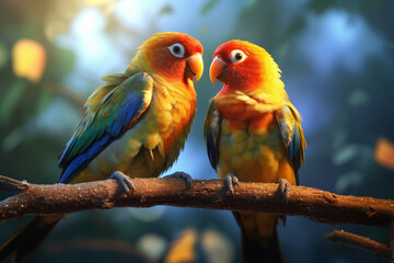 Fototapeta na wymiar A pair of lovebirds sitting on a perch, representing the harmony and affection found in avian companionship Generative AI technology.