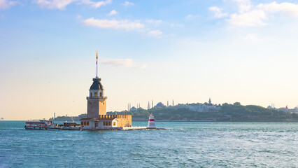 Fototapeta na wymiar Visit istanbul background photo. Kiz Kulesi aka Maiden's Tower at sunset