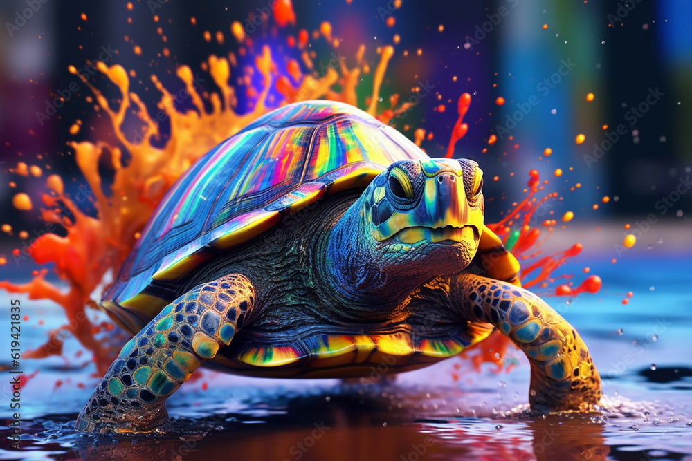 Poster An vibrant photograph of a Turtle splashed in bright paint, contemporary colors and mood social background. Generative AI technology.